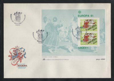 1981 - FDC Bloco nº 37. Europa CEPT - Madeira. Carimbo do Funchal. Em boas condições.