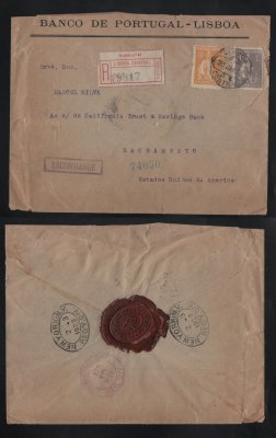 1923 - Carta Registada de Lisboa para os EUA. Selos Ceres 50c e 1$00. Carimbo de chegada no verso. Pequenos vincos e rasgos nas margens.