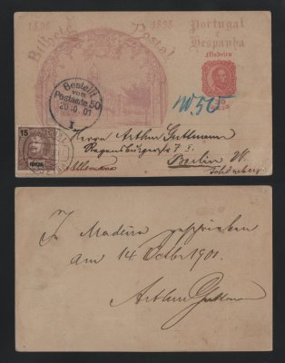 1901 - Inteiro Postal circulado do Funchal para a Alemanha. Com selo adicional de 15r, D. Carlos. Carimbo de chegada na frente. Em boas condições.