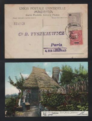 1909 - Postal da Madeira (Santa Ana) circulado do Funchal para França. Selos de D. Carlos de 20r e 75r. Em boas condições.