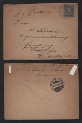 1898 - Carta/Envelope Inteiro de 50r (taxa impressa) circulado do Funchal para a Alemanha. Carimbo de chegada no verso. Em boas condições.