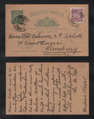 1895 - Inteiro Postal circulado do Funchal para a Alemanha. Com selo adicional de 10r, D. Carlos. Carimbo de chegada na frente. Em boas condições.