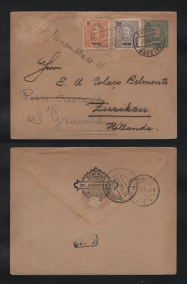 1907 - Carta/Envelope Inteiro de 25r (taxa impressa) circulado do Funchal para a Holanda. Com Selos adicionais de 5r e 20r, D. Carlos. Carimbo de chegada no verso. Em boas condições.