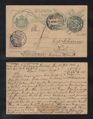 1908 - Inteiro Postal circulado do Funchal para a Alemanha. Com selo adicional de 20r, D. Carlos. Carimbo de passagem de Lisboa na frente. Em boas condições.