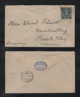 1901 - Carta do Funchal para a Alemanha. Com selo de 65r, D. Carlos. Carimbo de chegada no verso. Em boas condições.