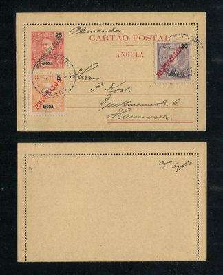 1912 - Inteiro postal circulado de Angola (Luanda) para a Alemanha. Com selos adicionais de 5r e 20r. Em boas condições.
