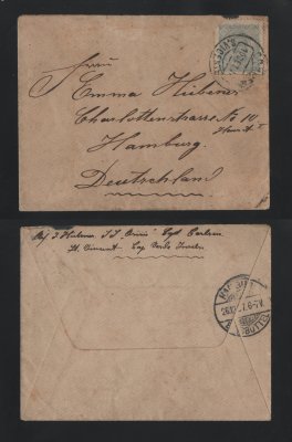 1897 - Carta de Cabo Verde (São Vicente) para a Alemanha (Hamburgo). Selo de 50 reis. Carimbo de chegada no verso. O selo apresenta um canto curto.