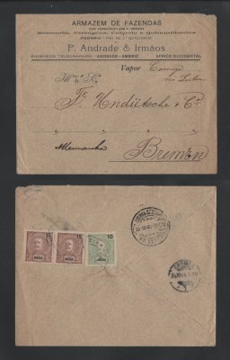 1903 - Carta de Angola para a Alemanha. Selos de 15r (2) e 10r. Carimbo de chegada no verso. Em boas condições.