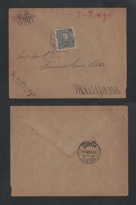 1901 - Carta de Angola para Portugal (Messejana). Selo de 25r. Carimbo de passagem por Lisboa no verso. Em boas condições.