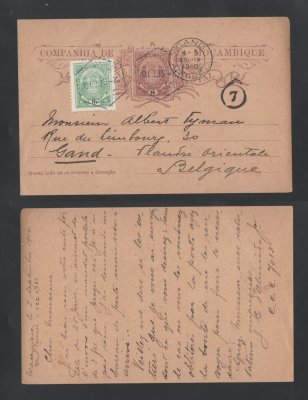1910 - Inteiro Postal usado para a Bélgica. Com selo adicional de 10r, Elefantes. Carimbo de chegada na frente. Em boas condições.