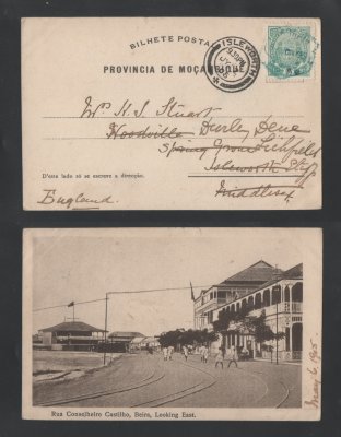 1905 - Postal circulado da Beira para Inglaterra. Carimbo de chegada no verso. Em boas condições.
