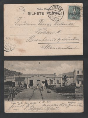 1903 - Postal de S. Vicente (Cabo Verde) circulado para a Alemanha. Em boas condições.
