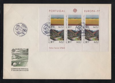 1977 - FDC Bloco nº 20. Europa CEPT - Paisagens. Carimbo de Lisboa. Em boas condições.