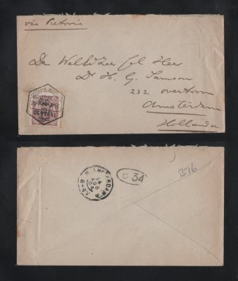 1904 - Carta de Lourenço Marques para a Holanda. Selo de 65r/15r. Carimbo de chegada no verso. Em boas condições.