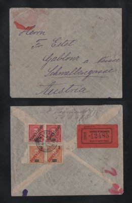1911 - Carta Registada de Lourenço Marques para a Austria. Selos de 25r (2) e 5r (2). Em boas condições.