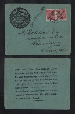 1912 - Carta de Lourenço Marques para França. Selos de 25r (2). Carimbo de chegada no verso. Em boas condições.