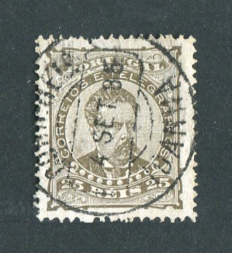 1882/83 - Afinsa nº 57e. D. Luis I de frente. Selo de 25 reis usado. Papel liso, denteado 13 1/2. CARIMBO DE IDANHA-A -NOVA. Tem um denteado irregular.