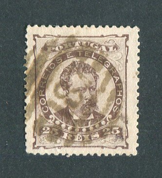 1882/83 - Afinsa nº 57e. D. Luis I de frente. Selo de 25 reis usado. Papel liso, denteado 13 1/2. Carimbo nº 187 - Tomar (2ª REFORMA). Em boas condições.
