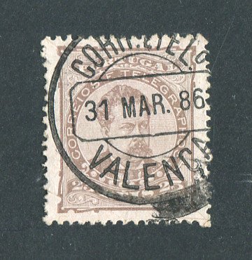 1882/83 - Afinsa nº 57a. D. Luis I de frente. Selo de 25 reis usado. Papel porcelana, denteado 12 1/2. CARIMBO DE VALENÇA. Em boas condições.
