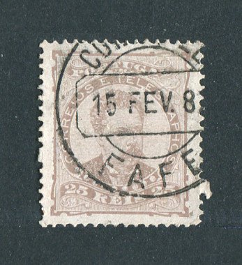 1882/83 - Afinsa nº 57b. D. Luis I de frente. Selo de 25 reis usado. Papel porcelana, denteado 13 1/2. CARIMBO DE FAFE. Em boas condições.