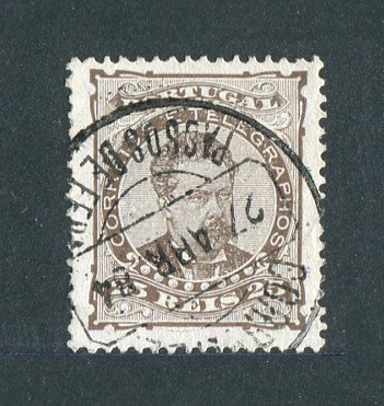 1882/83 - Afinsa nº 57b. D. Luis I de frente. Selo de 25 reis usado. Papel porcelana, denteado 13 1/2. CARIMBO DE PAÇOS DE FERREIRA. Em boas condições.