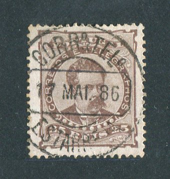 1882/83 - Afinsa nº 57b. D. Luis I de frente. Selo de 25 reis usado. Papel porcelana, denteado 13 1/2. CARIMBO DE ESTARREJA. Em boas condições.