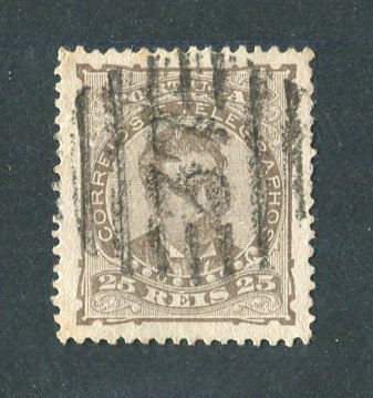 1882/83 - Afinsa nº 57e. D. Luis I de frente. Selo de 25 reis usado. Papel liso, denteado 13 1/2. Carimbo nº 37 - Setúbal (2ª REFORMA). Em boas condições.