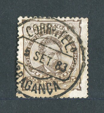 1882/83 - Afinsa nº 57a. D. Luis I de frente. Selo de 25 reis usado. Papel porcelana, denteado 12 1/2. CARIMBO DE BRAGANÇA. Em boas condições.