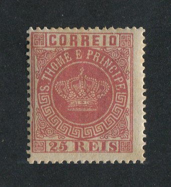 1870 - Afinsa nº 4c. Tipo Coroa. Selo de 25 reis novo, COM CHARNEIRA (*) e goma original. Papel fino, denteado 13 1/2. Em boas condições.