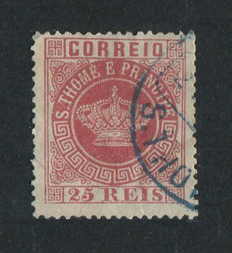 1870 - Afinsa nº 4c. Tipo Coroa. Selo de 25 reis USADO. Papel fino, denteado 13 1/2. Em boas condições.