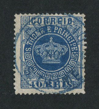 1870 - Afinsa nº 5b. Tipo Coroa. Selo de 40 reis USADO. AZUL. Denteado 13 1/2. Em boas condições.