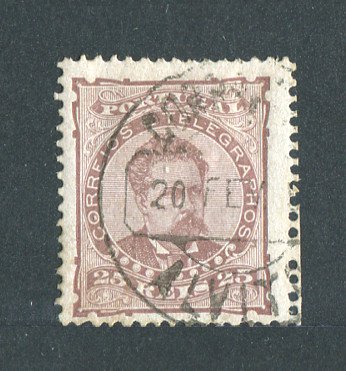 1882/83 - Afinsa nº 57a. D. Luis I de frente. Selo de 25 reis usado. Papel porcelana, denteado 12 1/2. CARIMBO DO ALVITO. Em boas condições.