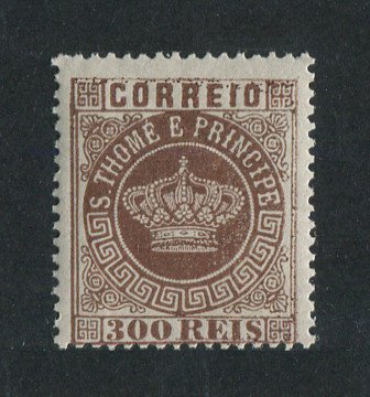 1870 - Afinsa nº 9a. Tipo Coroa. Selo de 300 reis novo, COM CHARNEIRA (*) e goma original. Denteado 13 1/2. Em boas condições.
