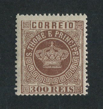 1870 - Afinsa nº 9a. Tipo Coroa. Selo de 300 reis novo, COM CHARNEIRA (*) e goma original. Denteado 13 1/2. Em boas condições.