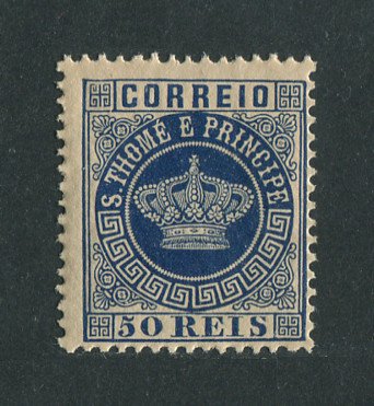 1881 - Afinsa nº 14b. Tipo Coroa. Selo de 50 reis novo SEM CHARNEIRA (**) e com goma original. AZUL ESCURO. Denteado 12 1/2. Em boas condições.