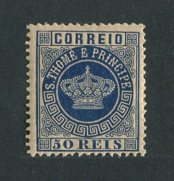 1881 - Afinsa nº 14b. Tipo Coroa. Selo de 50 reis novo, COM CHARNEIRA (*) e goma original. AZUL ESCURO. Denteado 12 1/2. Em boas condições.