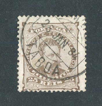 1882/83 - Afinsa nº 57a. D. Luis I de frente. Selo de 25 reis usado. Papel porcelana, denteado 12 1/2. CARIMBO DE TÁBUA. Em boas condições.