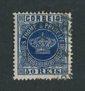 1881 - Afinsa nº 14b. Tipo Coroa. Selo de 50 reis USADO. AZUL ESCURO. Denteado 12 1/2. Em boas condições.