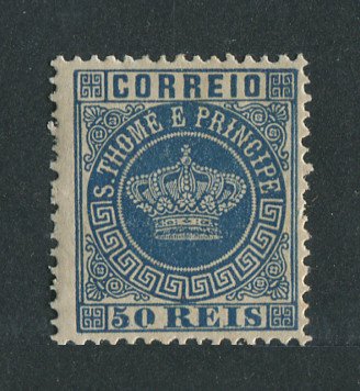 1881 - Afinsa nº 14. Tipo Coroa. Selo de 50 reis novo, COM CHARNEIRA (*) e goma original. AZUL. Denteado 12 1/2. Em boas condições.