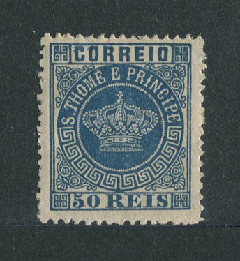 1881 - Afinsa nº 14. Tipo Coroa. Selo de 50 reis novo, COM CHARNEIRA (*) e goma original. AZUL. Denteado 12 1/2. Em boas condições.