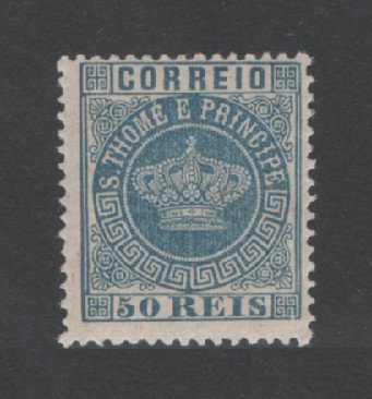 1881 - Afinsa nº 14a. Tipo Coroa. Selo de 50 reis novo SEM CHARNEIRA (**) e com goma original. AZUL CLARO. Denteado 12 1/2. Em boas condições.