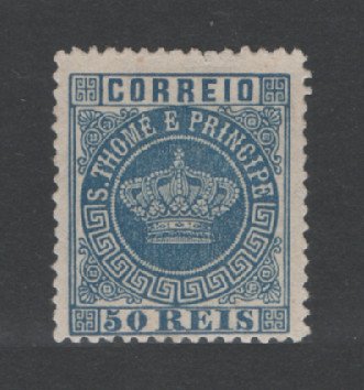 1881 - Afinsa nº 14a. Tipo Coroa. Selo de 50 reis novo, SEM GOMA. AZUL CLARO. Denteado 12 1/2. Em boas condições.