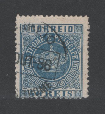 1881 - Afinsa nº 14a. Tipo Coroa. Selo de 50 reis USADO. AZUL CLARO. Denteado 12 1/2. Em boas condições.
