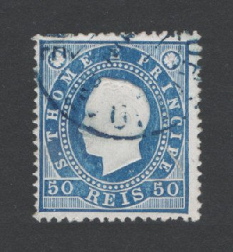 1887 - Afinsa nº 20. D. Luis I. Selo 50 reis USADO. AZUL. Denteado 13 1/2. Em boas condições.