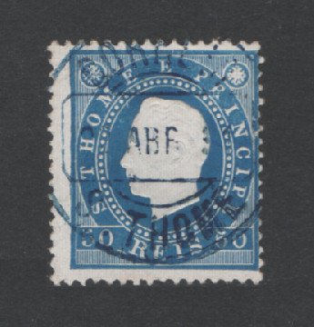 1887 - Afinsa nº 20. D. Luis I. Selo 50 reis USADO. AZUL. Denteado 13 1/2. Em boas condições.