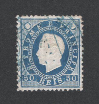 1887 - Afinsa nº 20b. D. Luis I. Selo 50 reis USADO. AZUL. Denteado 12 1/2. Em boas condições.