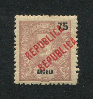 1914 - Afinsa nº 161c. D. Carlos I com sobrecarga local REPUBLICA. Selo de 75 reis novo COM CHARNEIRA (*) e goma original. DUPLA SOBRECARGA VERMELHA. Em boas condições.