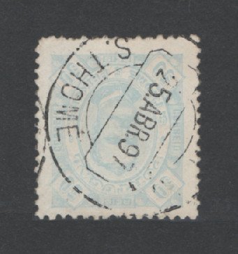 1893 - Afinsa nº 36. D. Carlos I. Selo de 50 reis USADO. Papel pontinhado, denteado 12 1/2. Em boas condições.