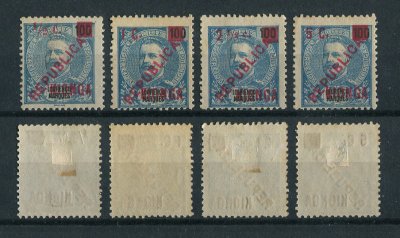 1916 - Afinsa nº  1/4. D. Carlos I com sobrecarga local REPUBLICA e sobretaxa. Série completa nova, sem goma como emitidos. Em boas condições.