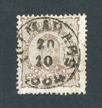 1882/83 - Afinsa nº 57a. D. Luis I de frente. Selo de 25 reis usado. Papel porcelana, denteado 12 1/2. CARIMBO DE GUIMARÃES. Pequenas transparências.